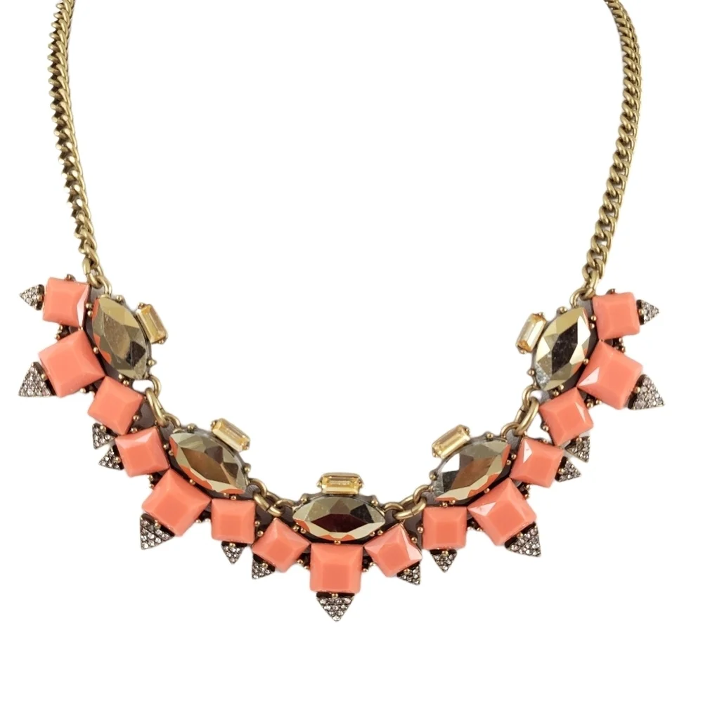 J. Crew art deco statement necklace coral orange stones + rhinestones A0301